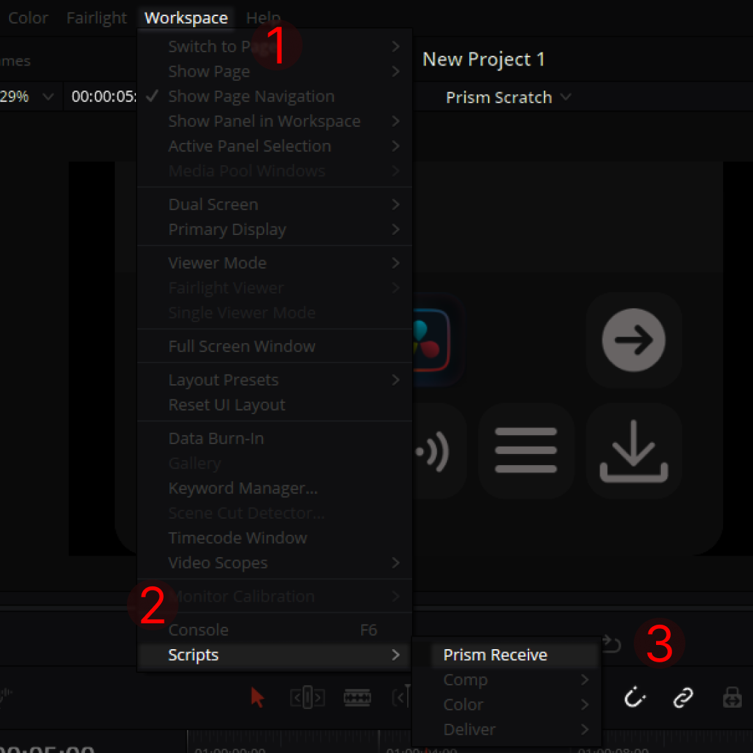 DaVinci Resolve Workspace menu open, showing Scripts submenu with Prism Receive highlighted