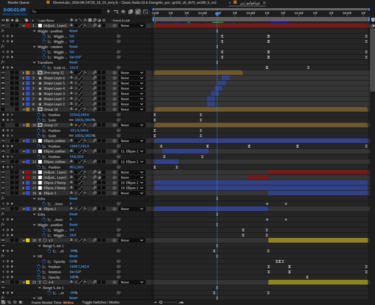 After Effects render queue and layer timeline showing the full layer stack including shape layers, ellipse groups, adjustment layers, wiggle expressions, and echo effects with individually animated keyframes