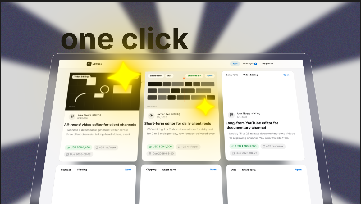 Final rendered frame of the EditCall motion graphics video showing the one click kinetic typography title over a radial light-burst background with the animated job board UI and golden spotlight glow on job cards