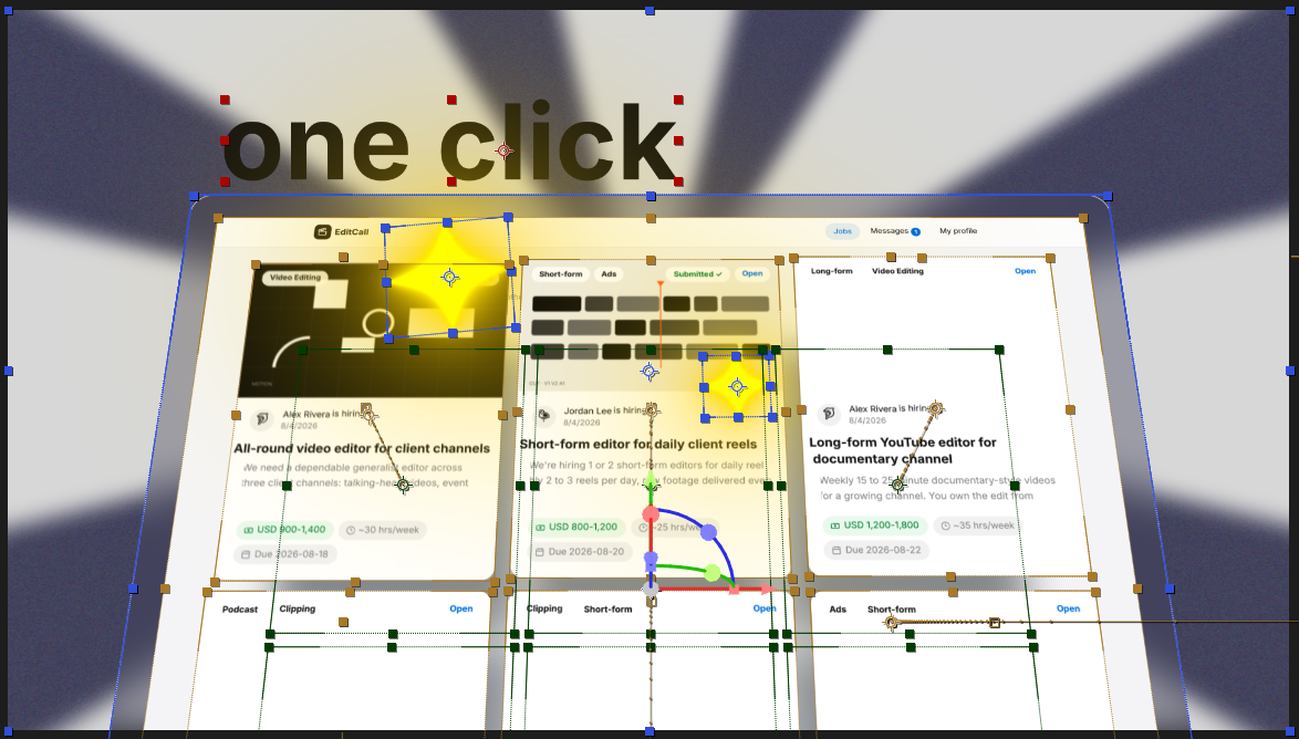 Work-in-progress view inside After Effects showing the EditCall UI mockup mid-production with vector anchor points, bounding boxes, and animation path handles visible on the glow highlight layers