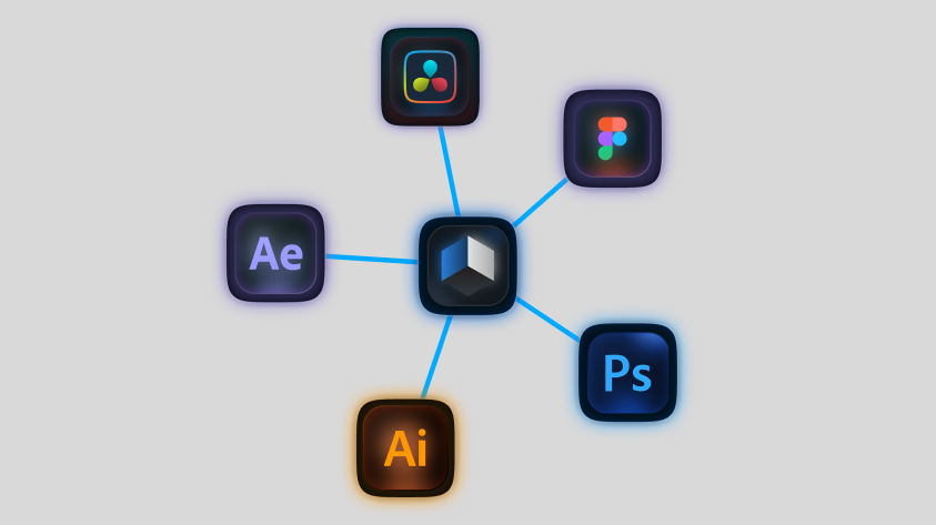 Hub-and-spoke diagram showing Prism as the central connection point between Figma and four apps: After Effects, DaVinci Resolve, Photoshop, and Illustrator