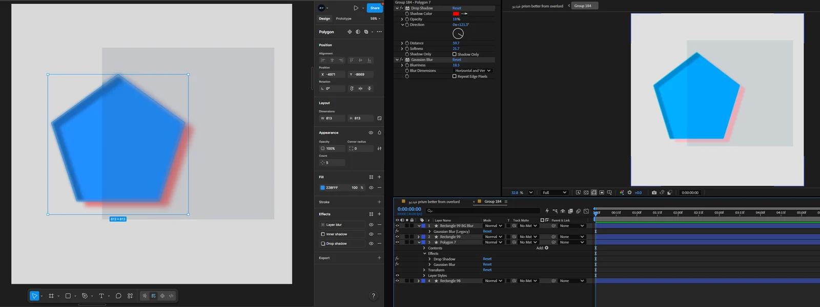 Layer blur and drop shadow transferred from Figma into After Effects with Prism