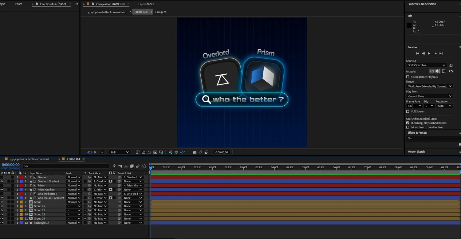 The After Effects composition built by Prism from a Figma design