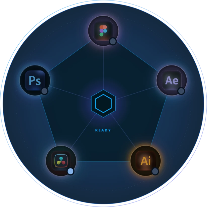 Prism connection diagram with every app offline, grey status dots and READY in the centre