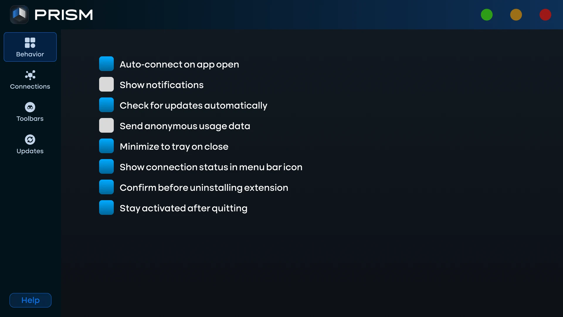 Prism Launcher Behavior page with its list of settings