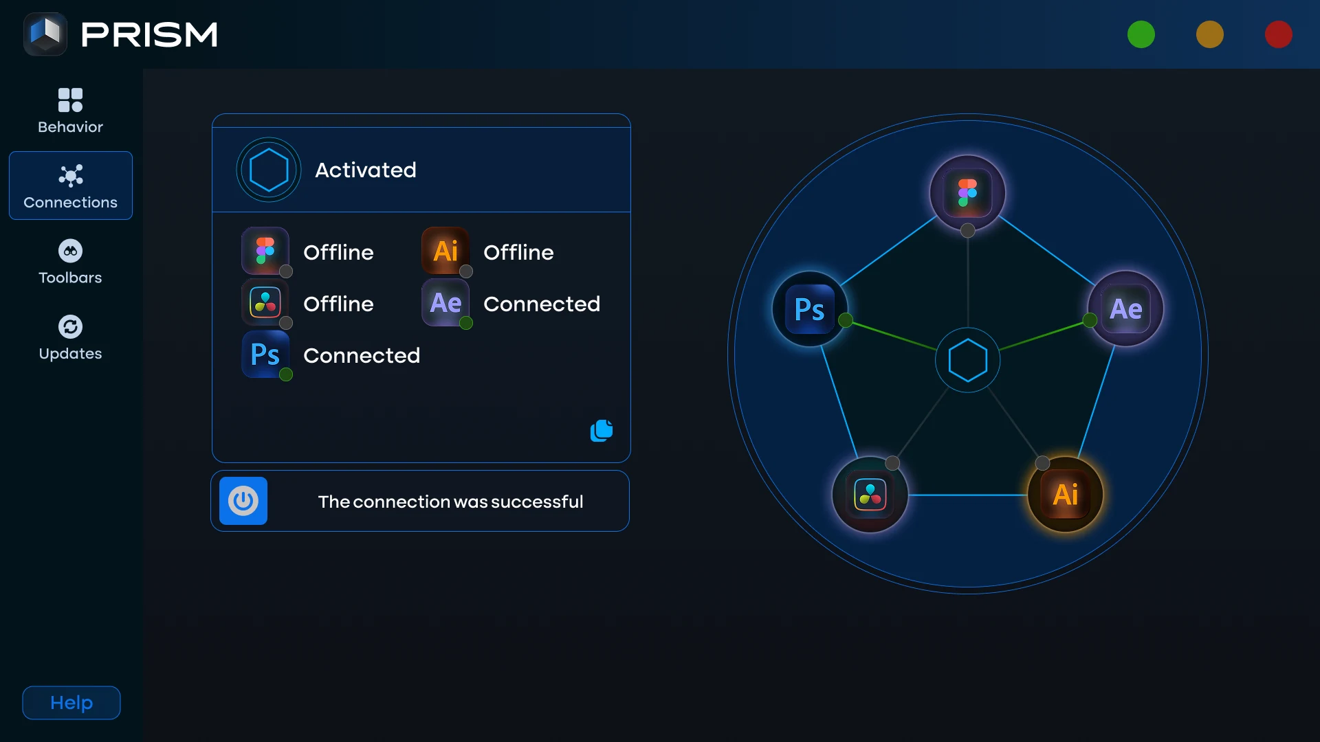Prism Launcher after activation, confirming the connection was successful