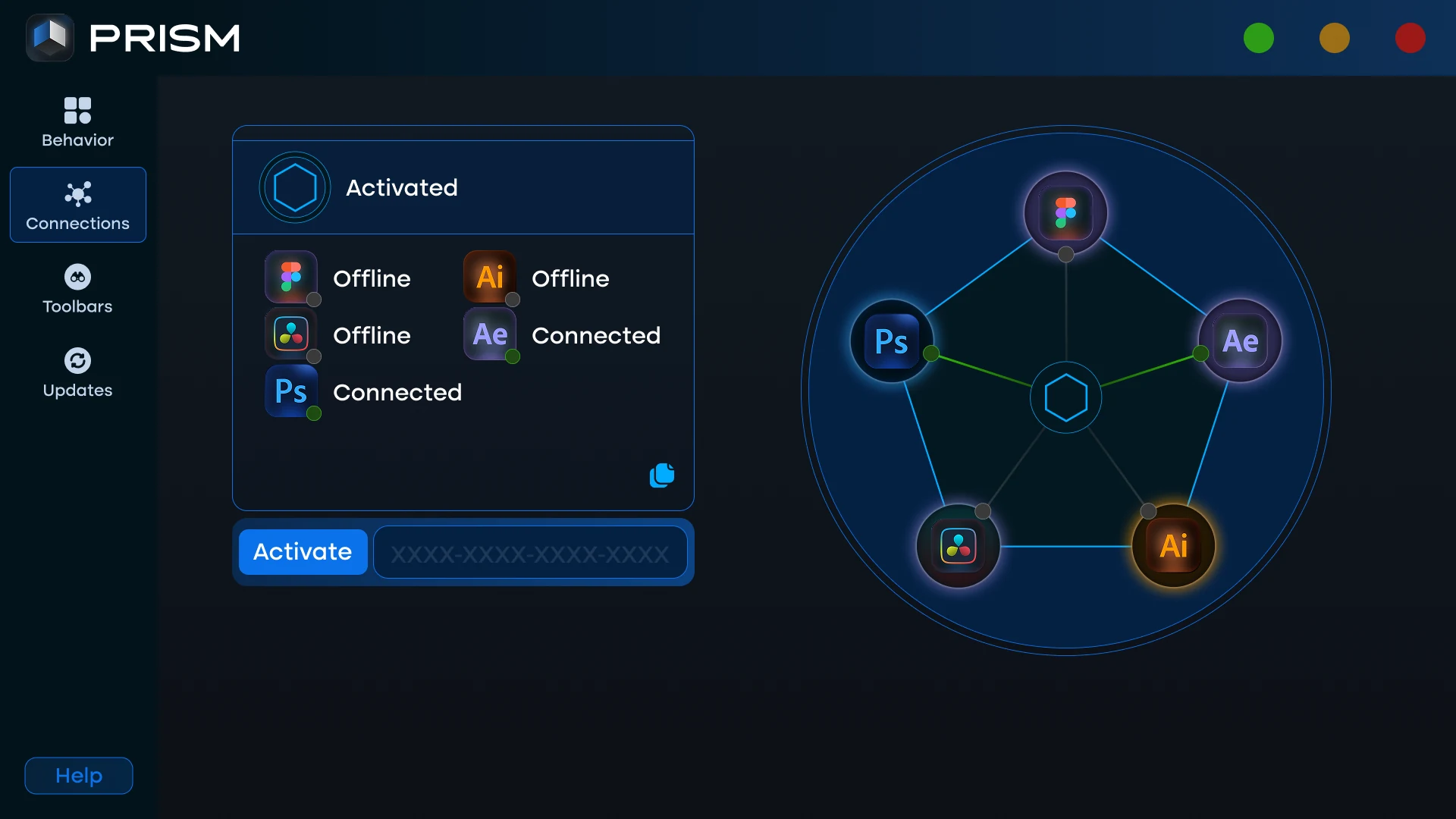 Prism Launcher Connections page before activation, showing the licence key field