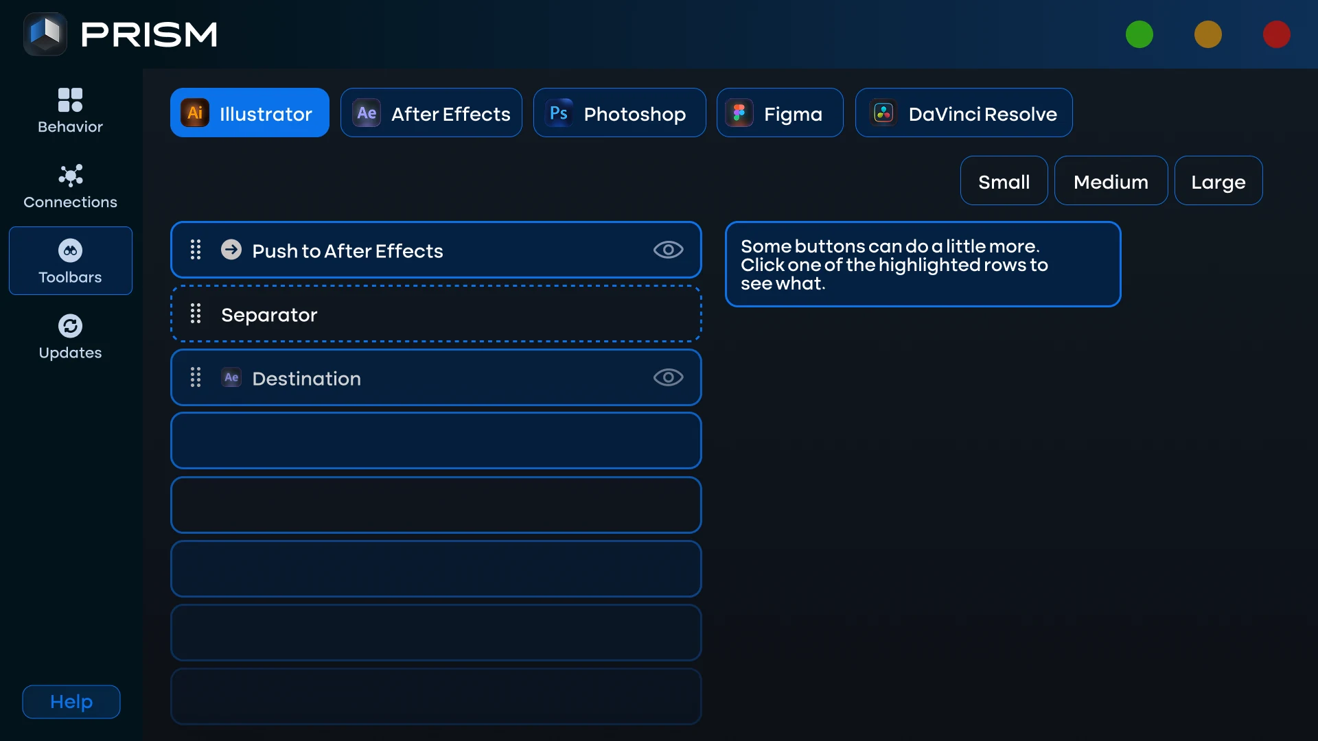 Prism Launcher Toolbars page, with the app tabs, the icon size choice and the draggable list of buttons