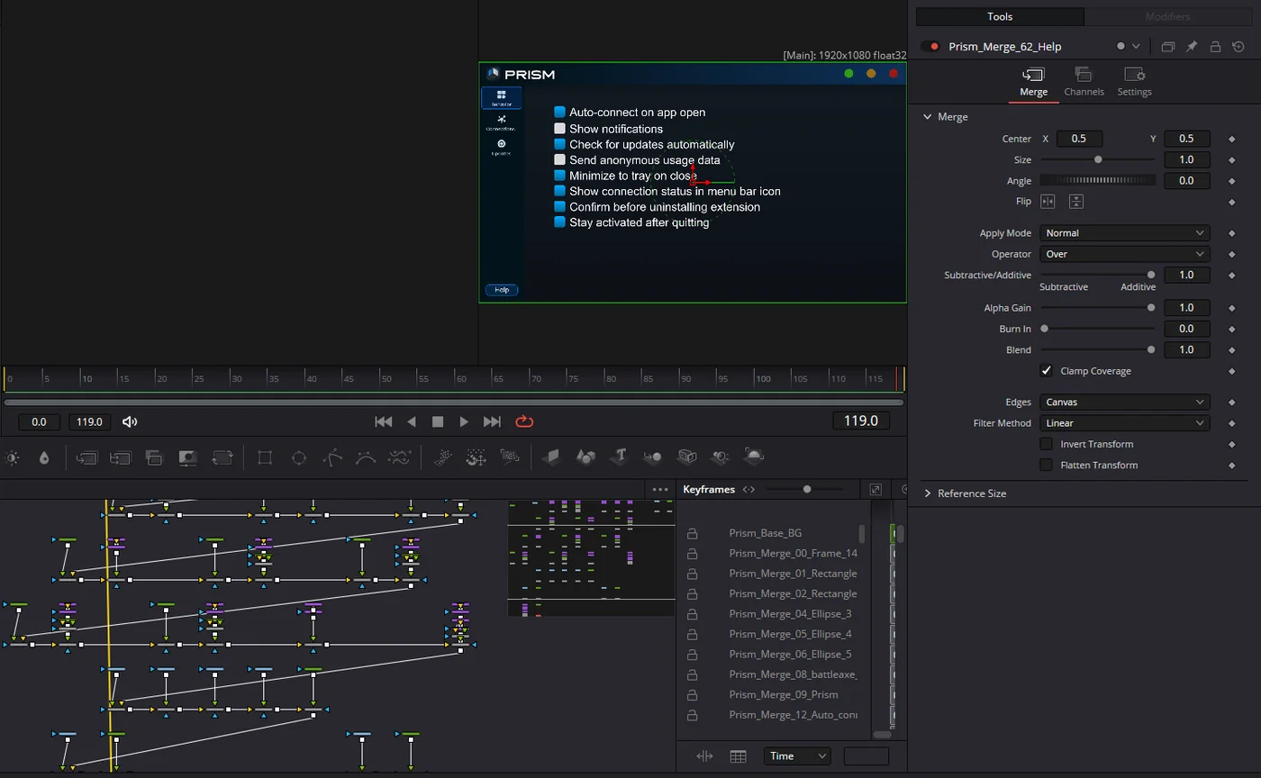 The Fusion node graph built by Prism from a Figma design