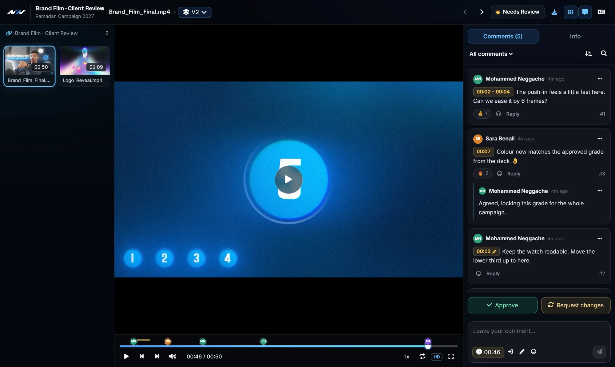 The client review page with Approve and Request changes buttons