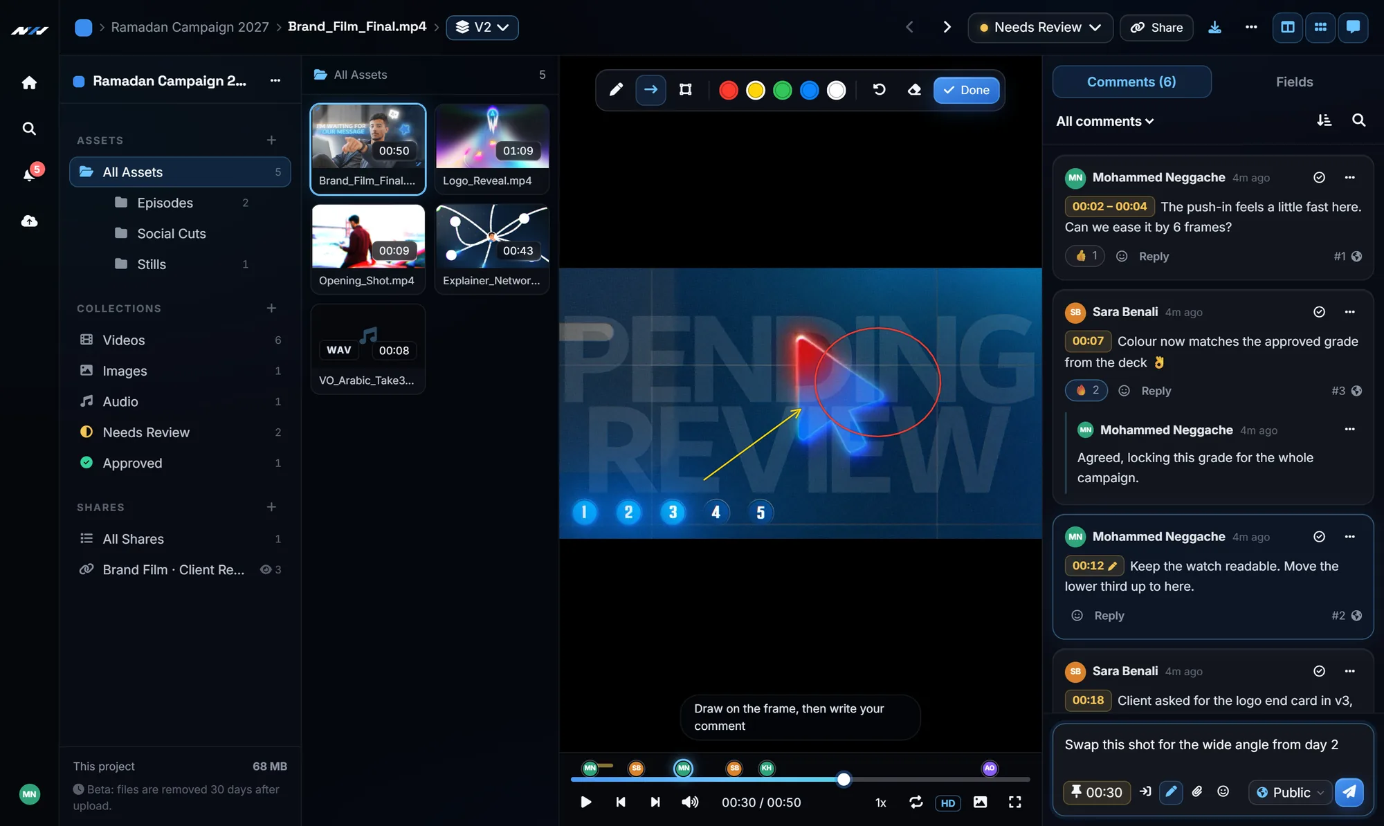 Drawing an arrow and a circle on a paused video frame