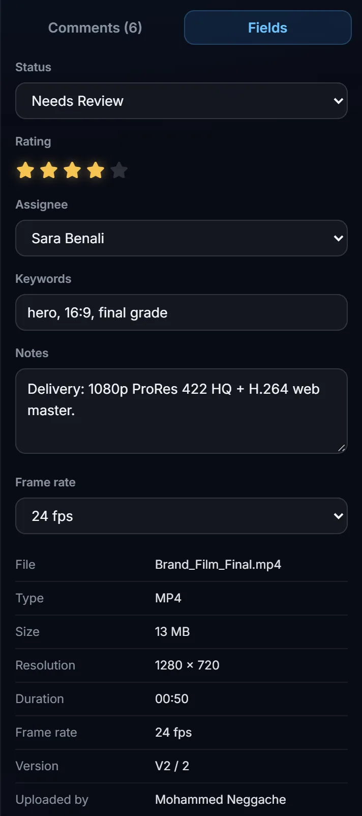 The fields panel with status, rating, assignee and notes