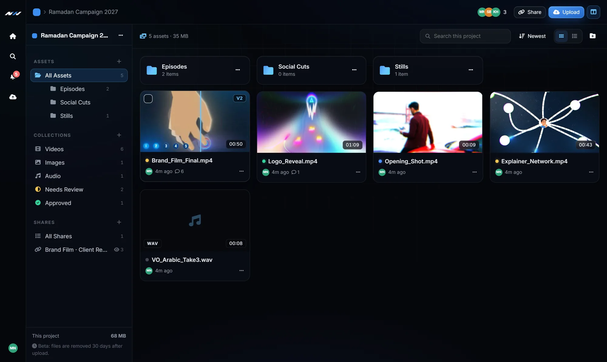 A project with folders and video thumbnails
