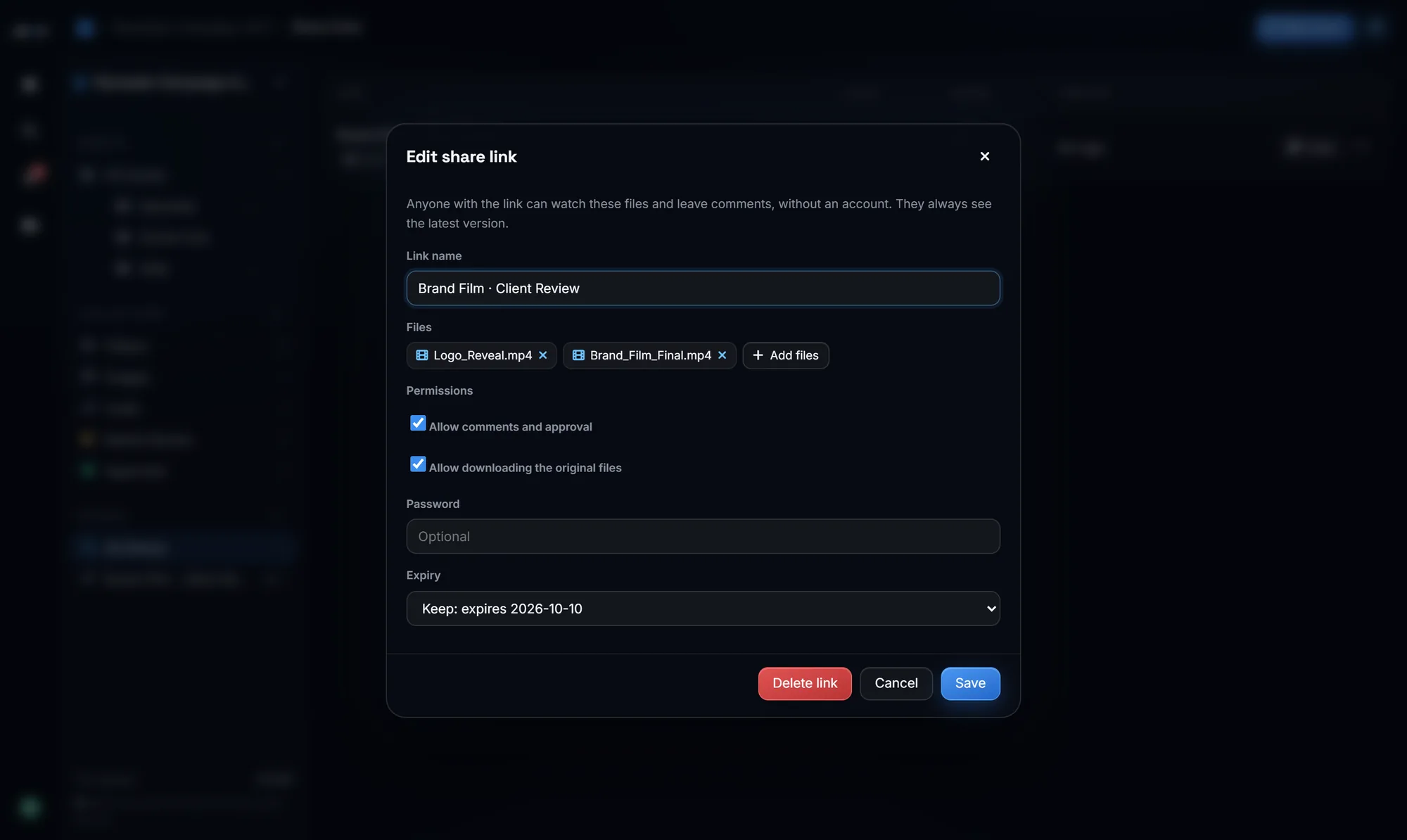 Share link settings with password, expiry, download and comment options