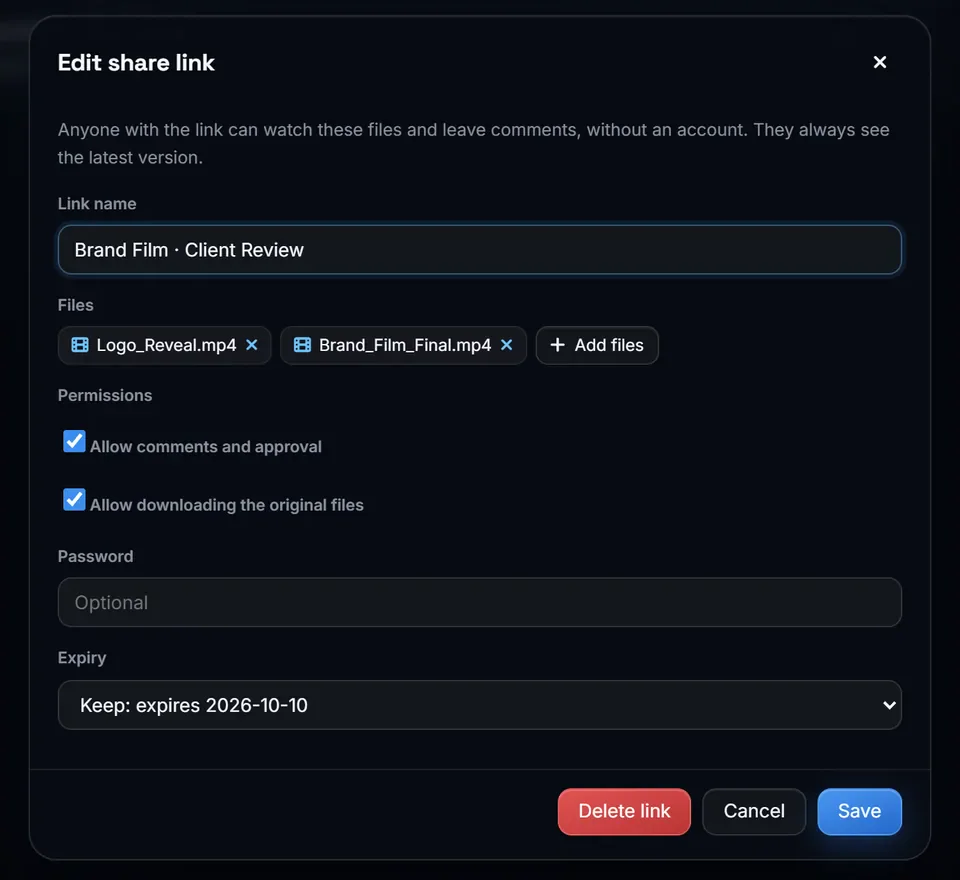 Link settings: password, expiry, downloads