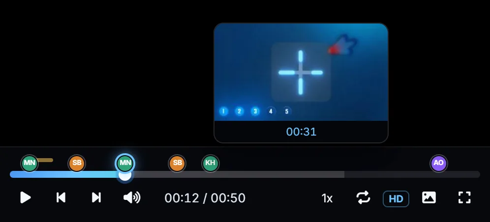 Comment markers with avatars on the video timeline, with a frame preview above